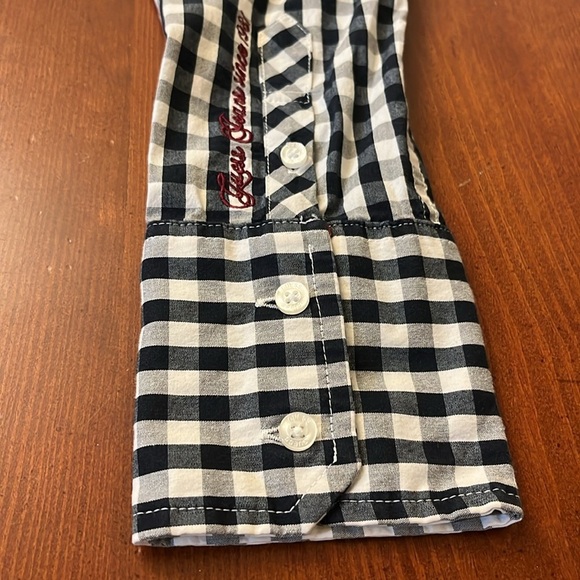 Guess Women’s Button Down Shirt Gingham Long Sleeve Large Black White - Picture 7 of 11